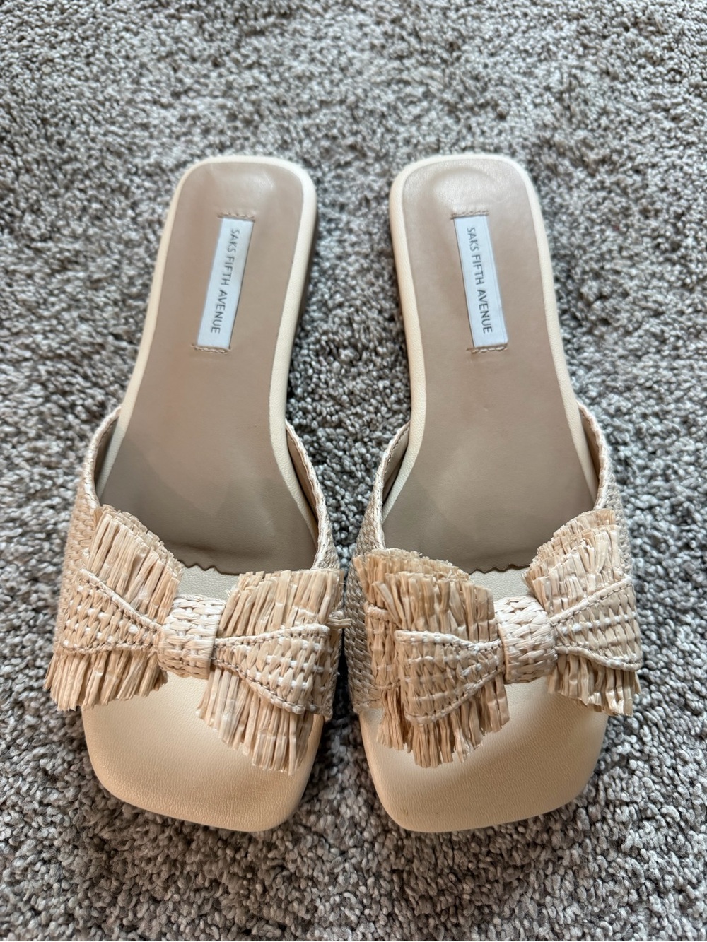 Saks Fifth Avenue Neutral Raffia Bow Slide Mules